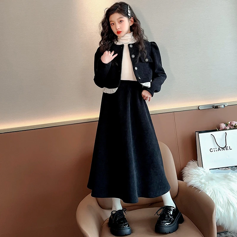 女童秋冬连衣裙套装2025新款6-12岁15岁中大童洋气时髦小香风套装