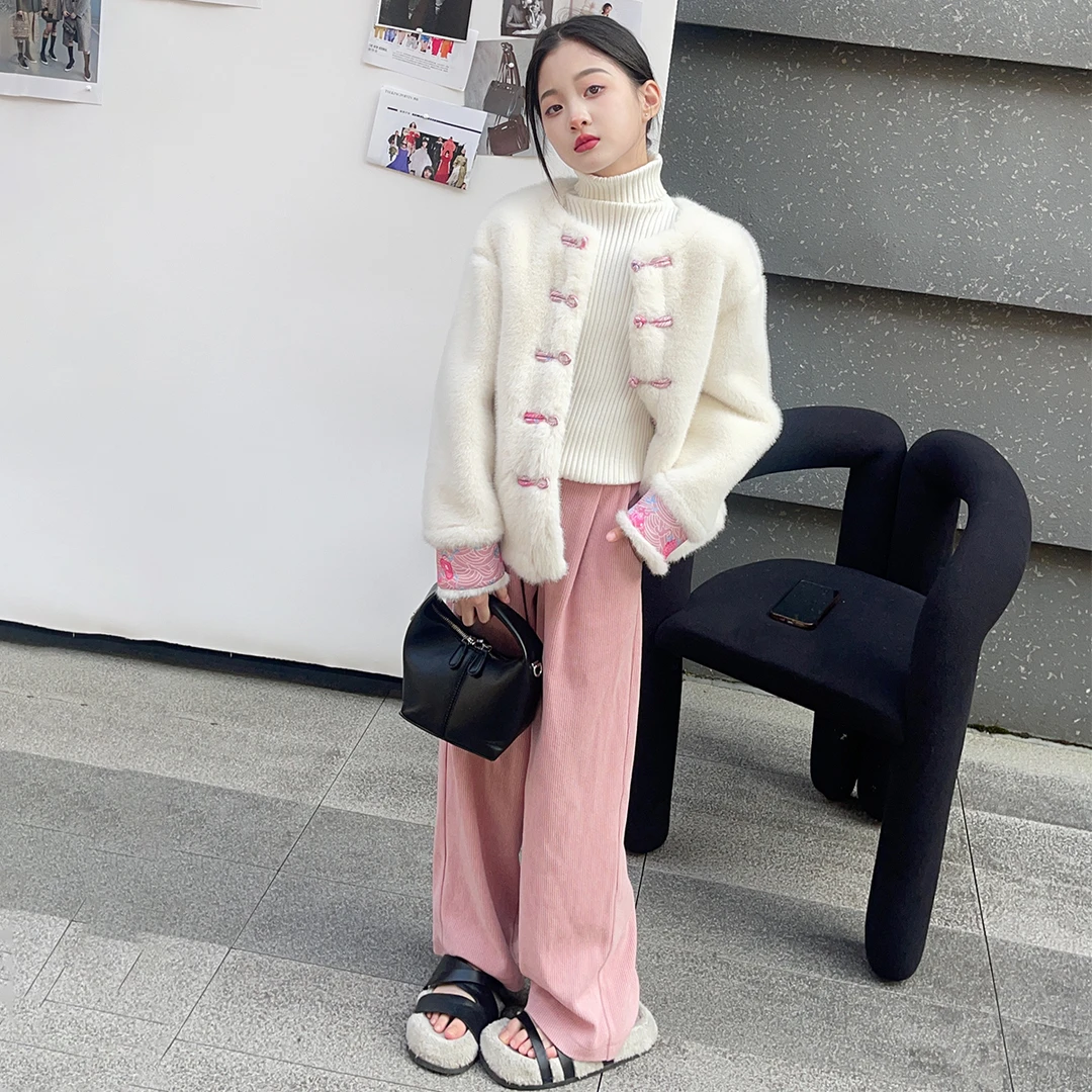 女童国风新中式盘扣外套秋冬装新款女大童加绒加厚保暖休闲外套