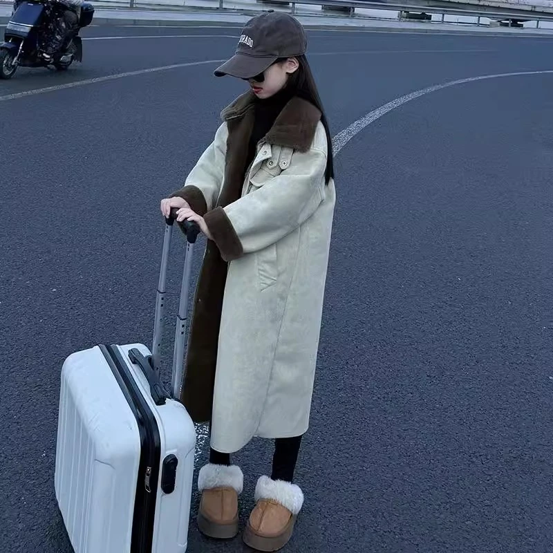 女童冬季皮毛一体大衣2024爆款儿童韩版保暖外套女孩中长款皮风衣