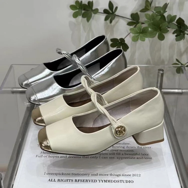 真软皮粗跟仙女风玛丽珍鞋女2025新款秋方头百搭中跟一字扣带单鞋