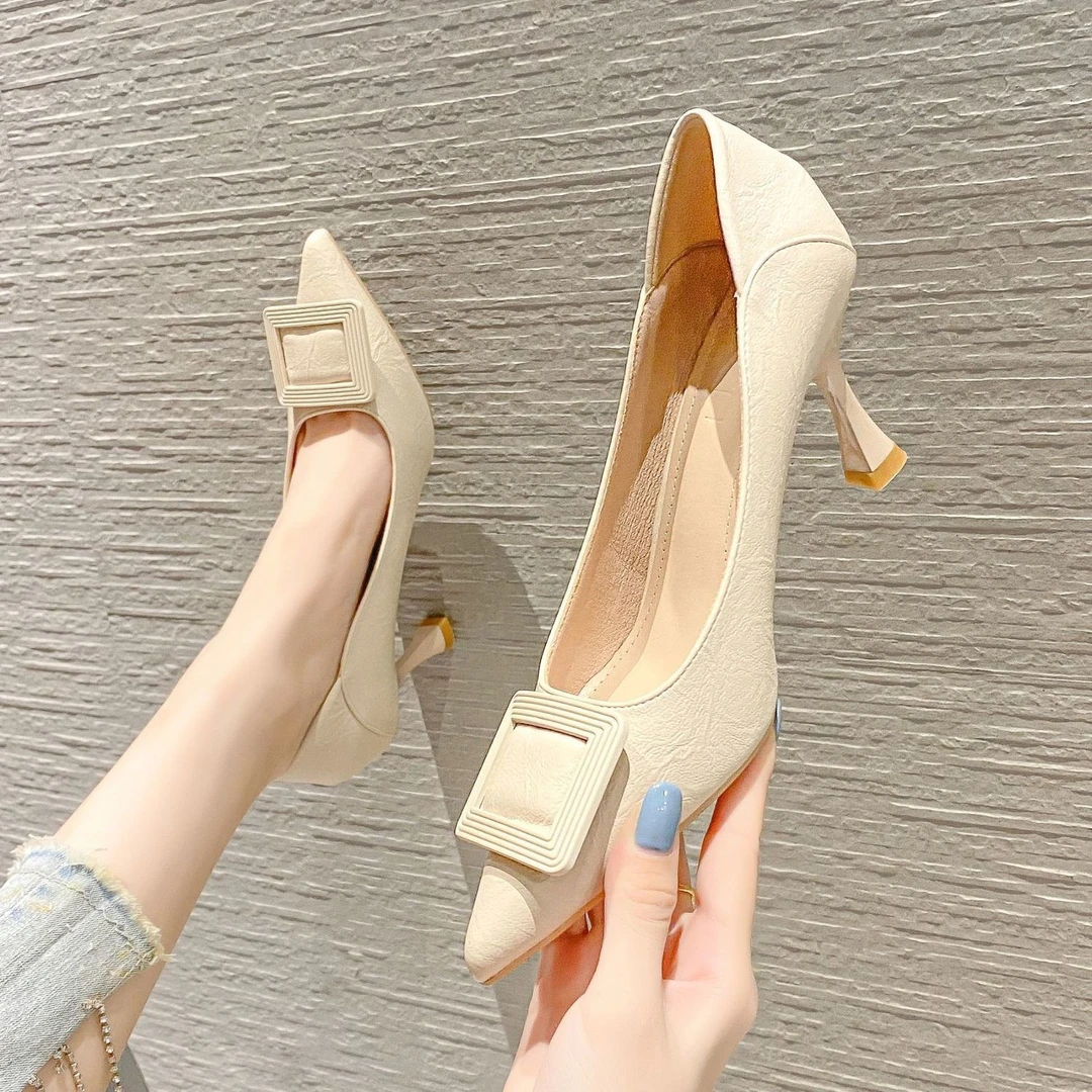 春夏新款尖头法式浅口高跟鞋软皮不磨脚黑色百搭细跟单鞋女818款