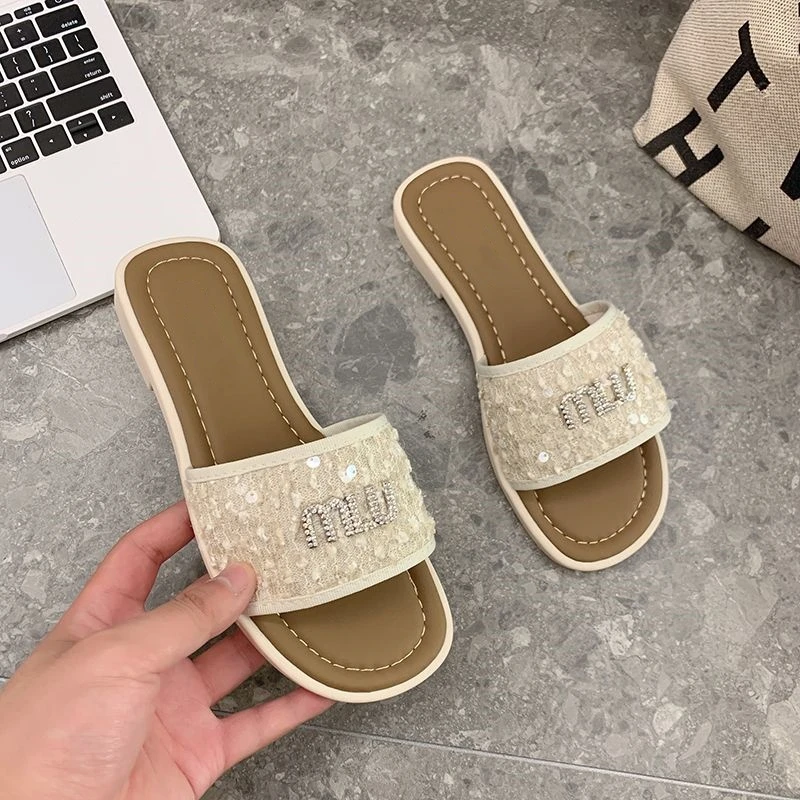 法式小香风拖鞋女2025夏季新款外穿百搭平底时尚一字亮片低跟凉拖