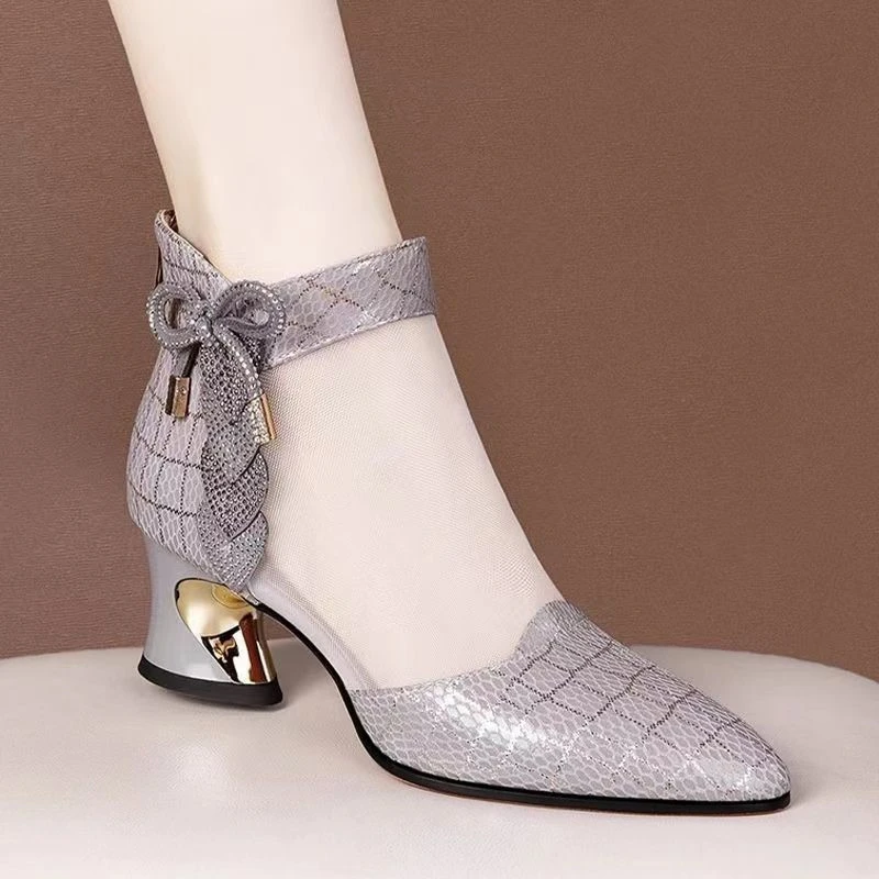 爆款粗跟网靴女镂空中跟网纱凉鞋女2025春夏新款时尚水钻凉靴女鞋