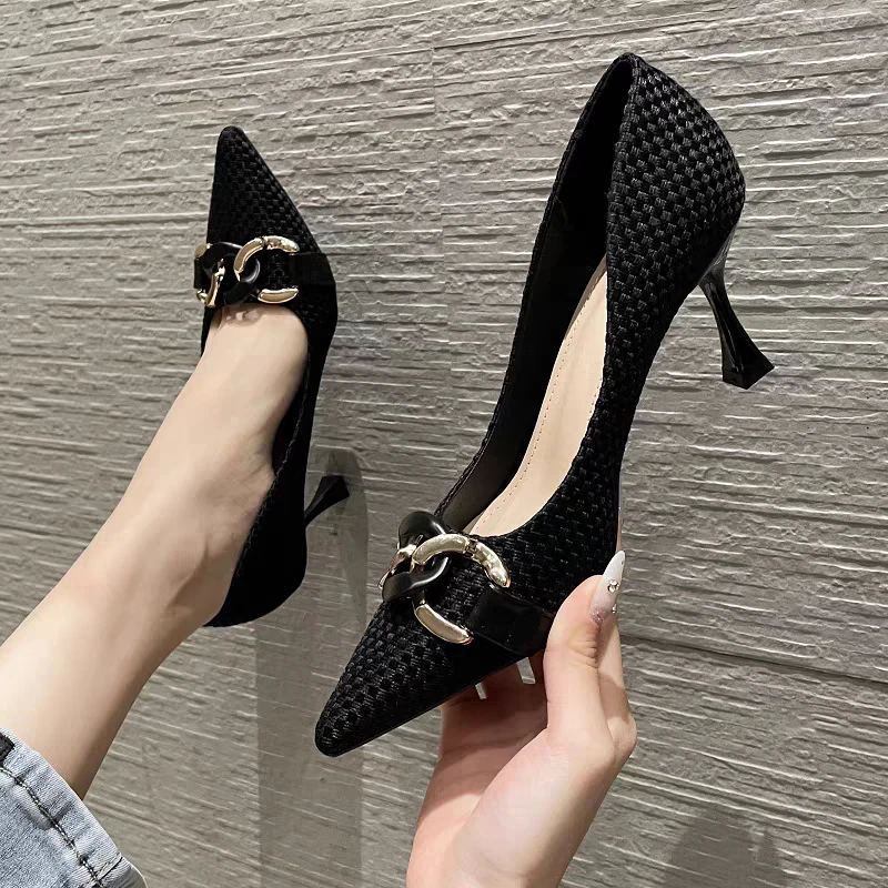 2025春秋季新款浅口高跟鞋女尖头鞋子细跟单鞋黑色设计感小众气质