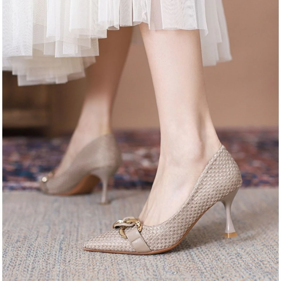 气质高跟鞋女2025年春夏新款尖头浅口细跟黑色设计感小众工作单鞋