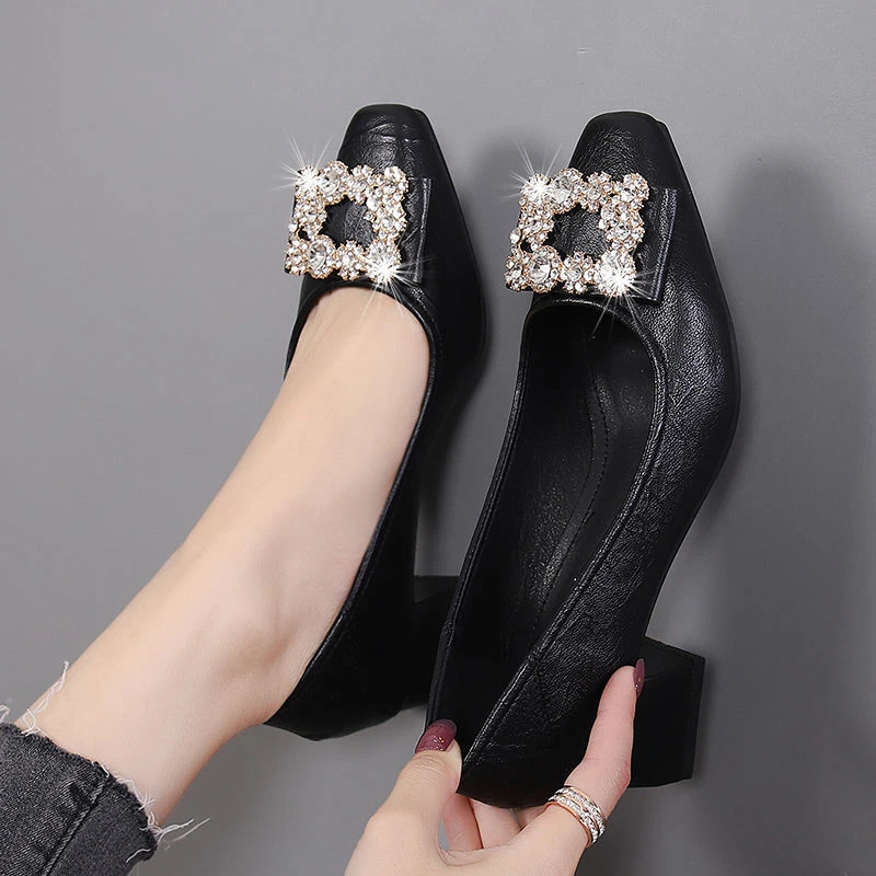 法式气质方头粗跟单鞋女2025年春夏新款浅口中跟黑色不累脚高跟鞋