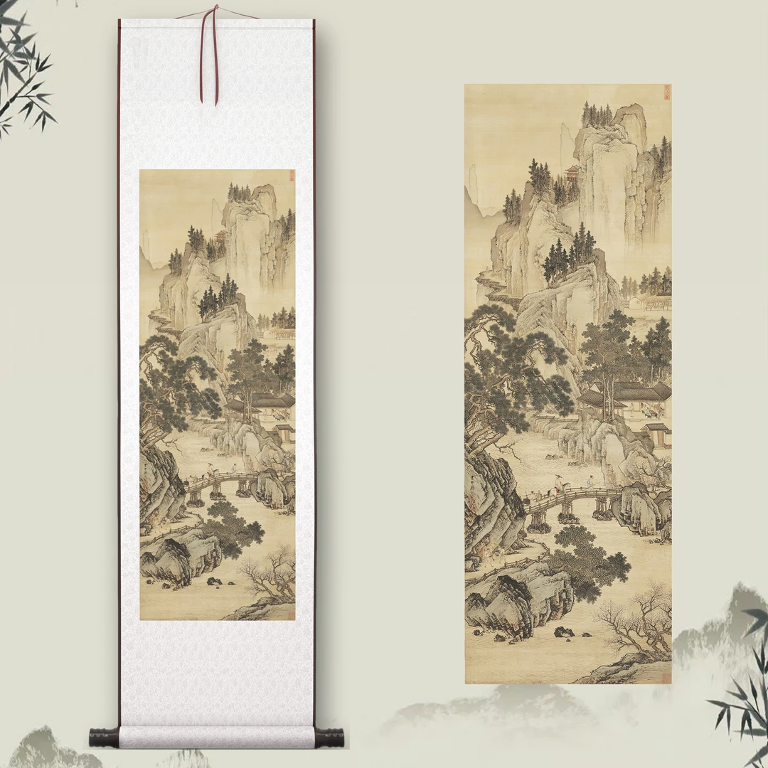 周臣《春山游骑图》中式客厅挂画微喷装饰画玄关茶室山水风景卷轴画