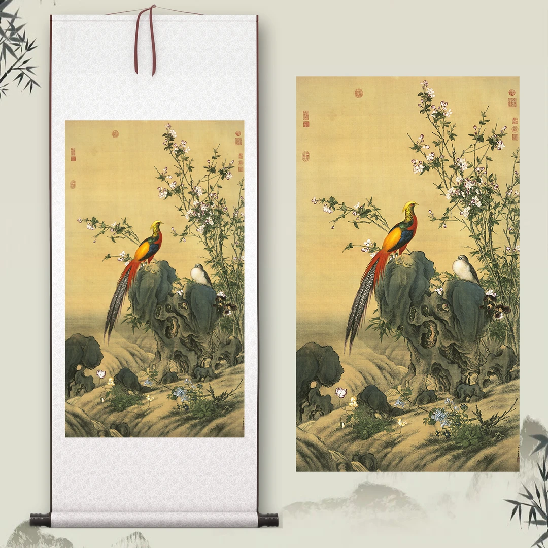 《锦春图》中式客厅挂画微喷装饰画玄关茶室书房植物花鸟卷轴挂画