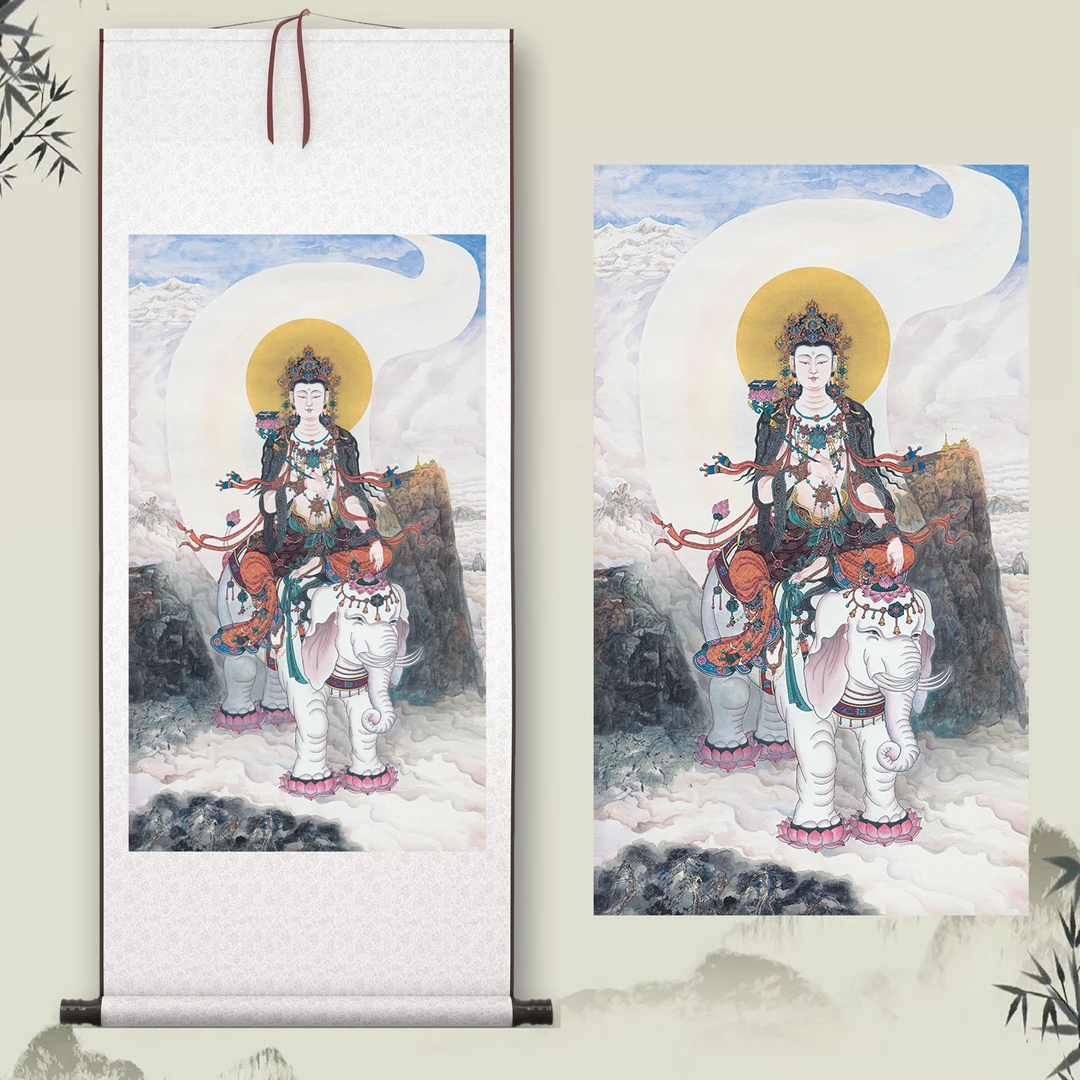 唐卡《普贤菩萨》中式客厅挂画微喷装饰画玄关茶室佛像观音菩萨挂画