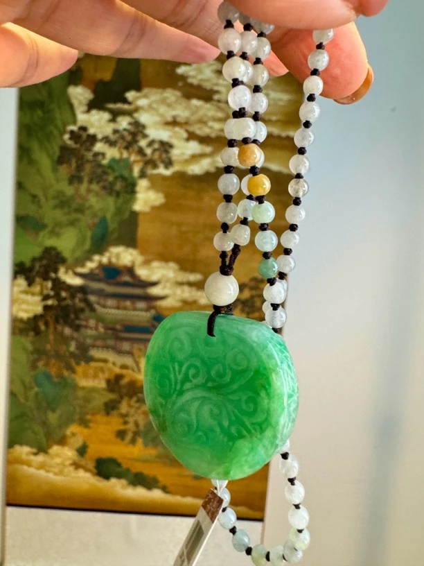 缅甸冰种灵芝如意项链配福禄寿项链精美绿色百搭雕刻时尚长链