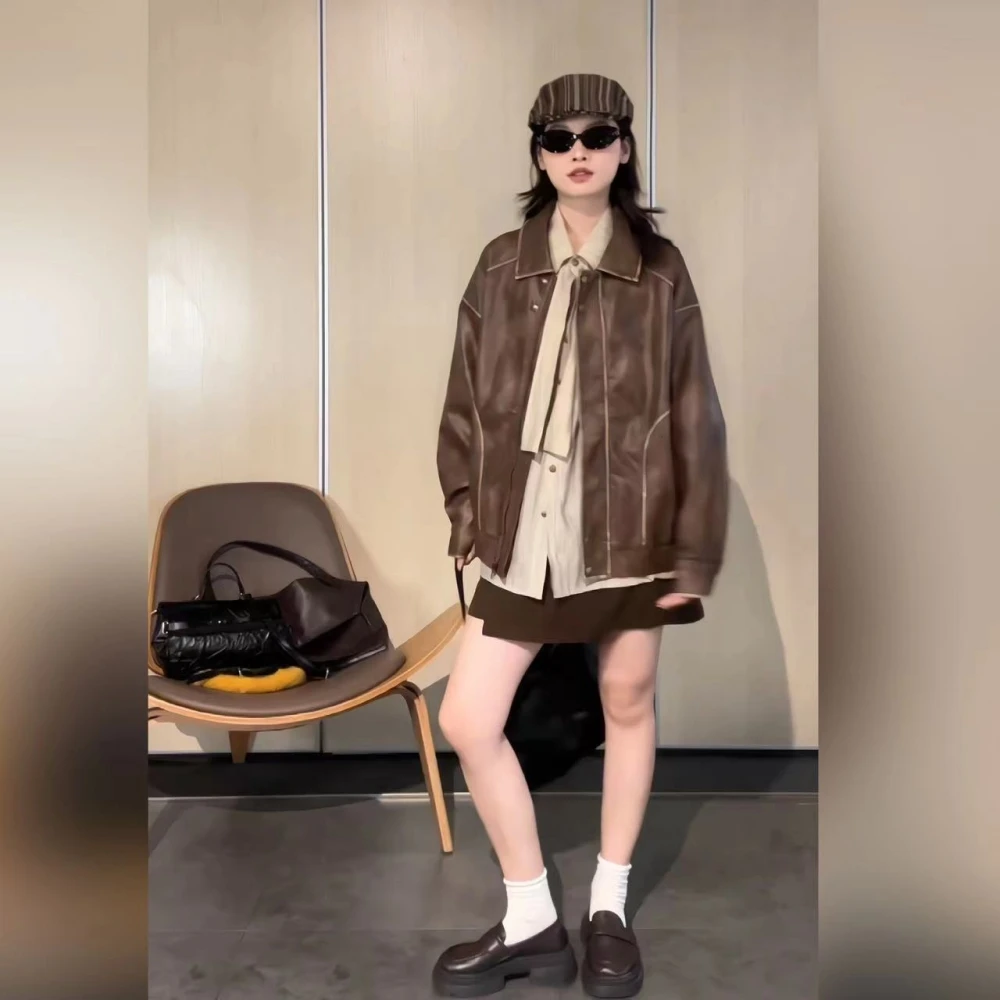 外套【旧时光】春季复古美拉德色系棕色皮衣外套女30126