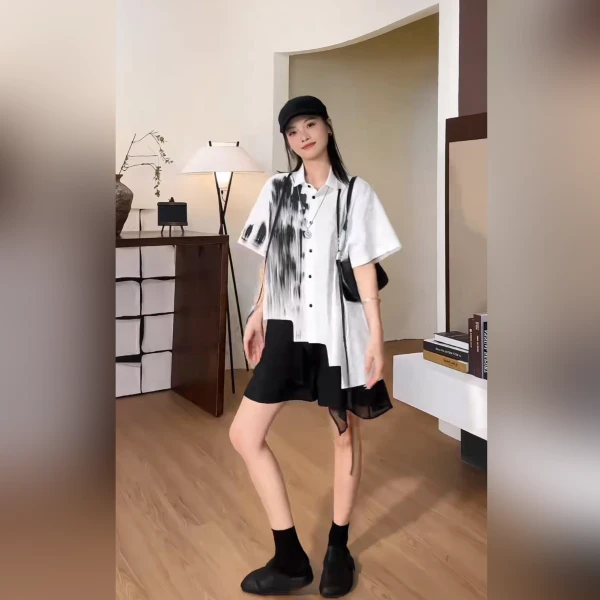 20209【清】衬衣夏季不规则小众水墨衬衣女