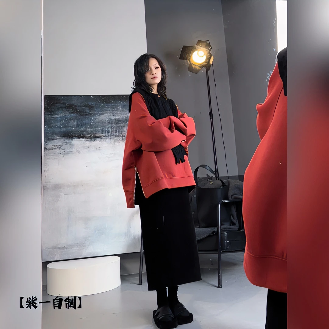 30033【清】气质休闲设计感下摆开叉加厚卫衣女