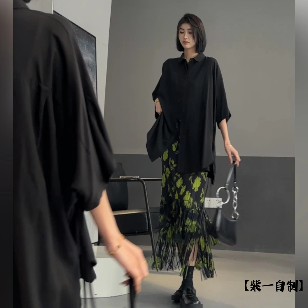 【清】绿色流苏印花半身裙女