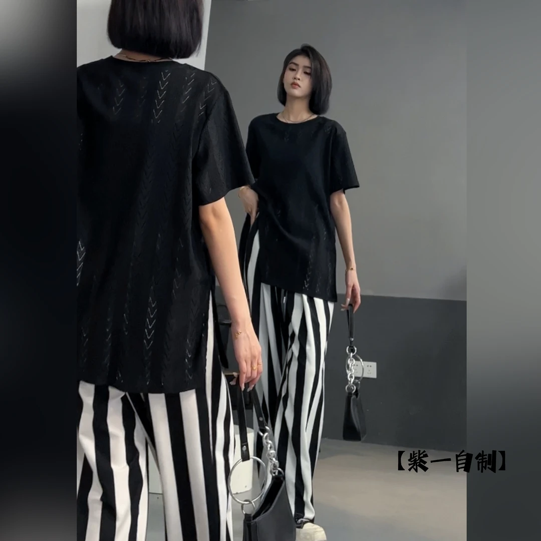 【清】蕾丝镂空开叉短袖上衣女