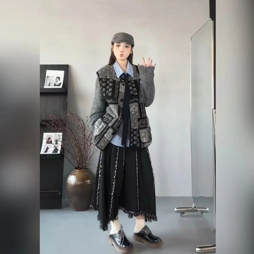 复古流苏牛仔半身裙女