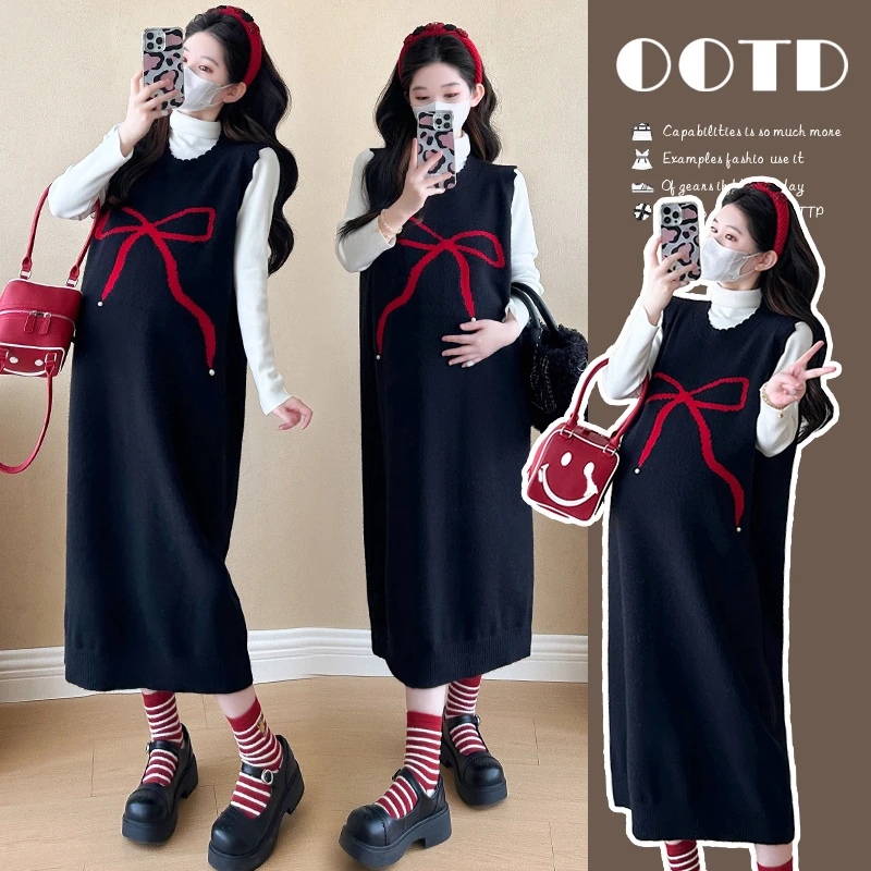 秋季孕妇连衣裙2024新款时尚针织蝴蝶结背心裙宽松洋气毛衣套装