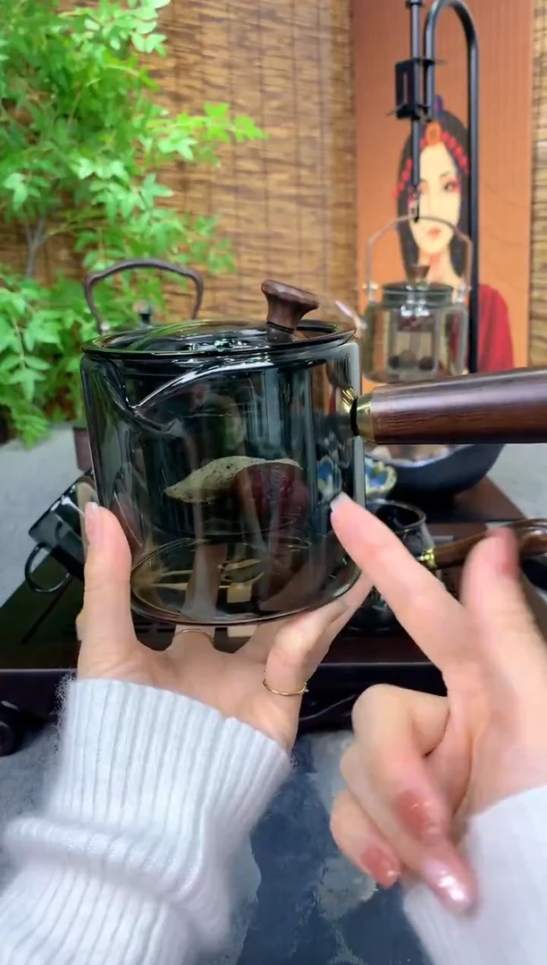 【闪购商品】玻璃中式黑檀灰色侧把壶单壶