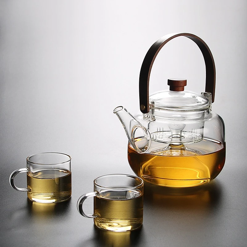 中式耐热玻璃 祥云木盖加厚提梁款煮茶壶大容量蒸茶煮水手工单壶