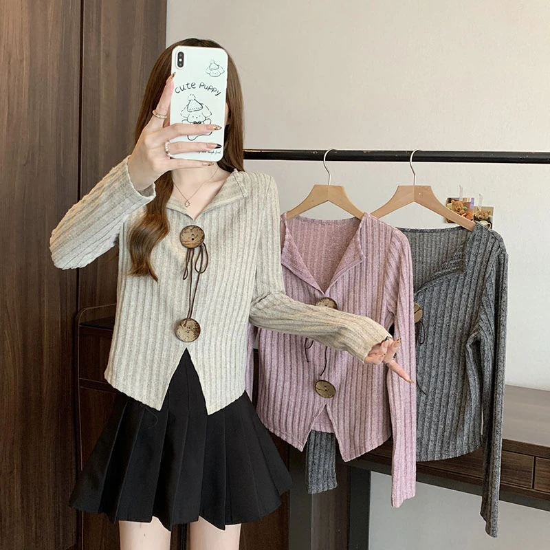 【安安】2024秋装新款女韩版甜美减龄坑条长袖针织上衣33220