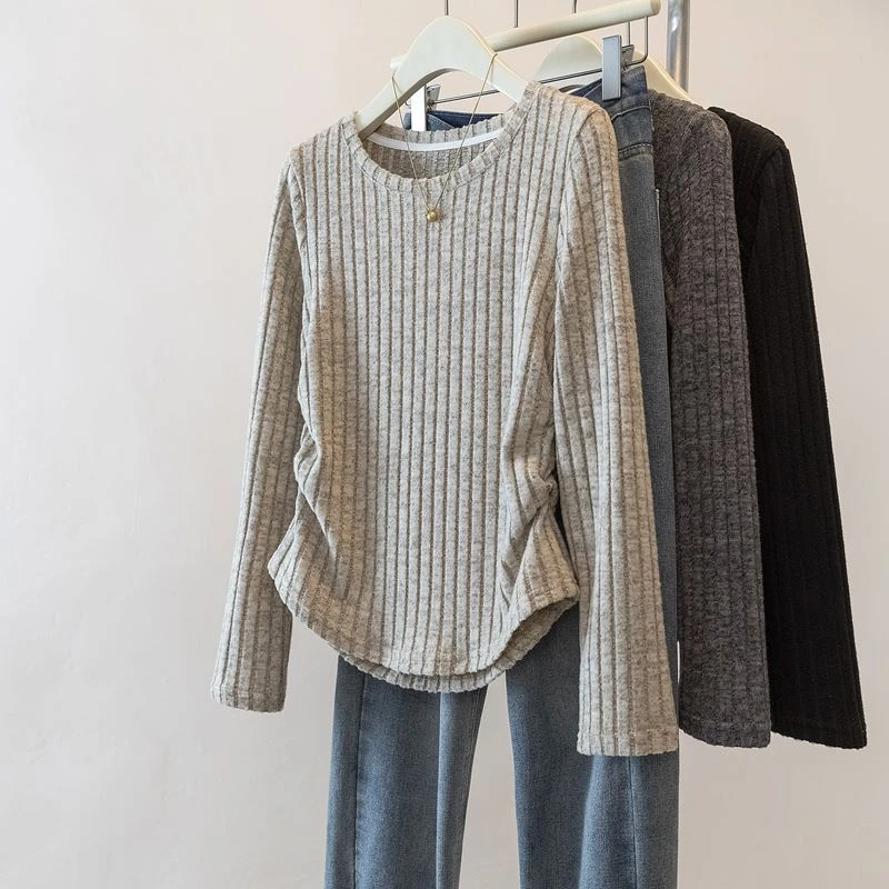 2024磨毛打底衫女秋冬上衣弧形下摆不规则长袖T恤1628