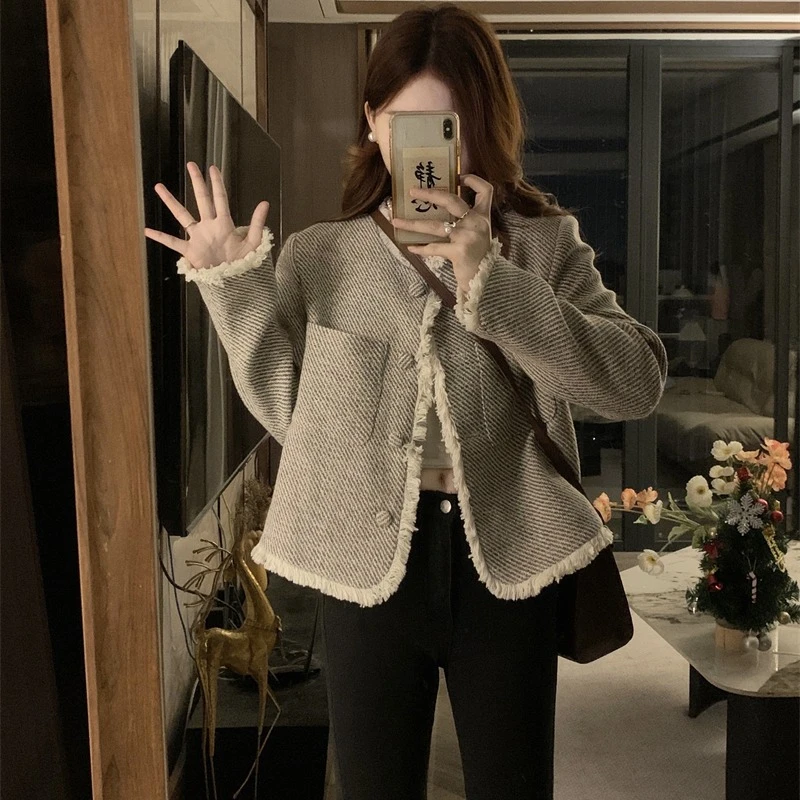 法式气质流苏短款小香风粗花呢外套81061