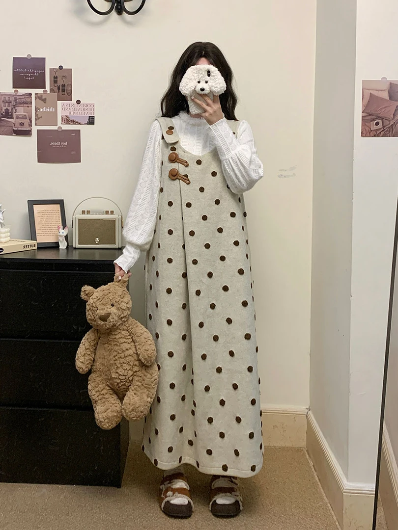 复古秋冬波点刺绣毛呢背心裙毛绒外套胖MM两件套