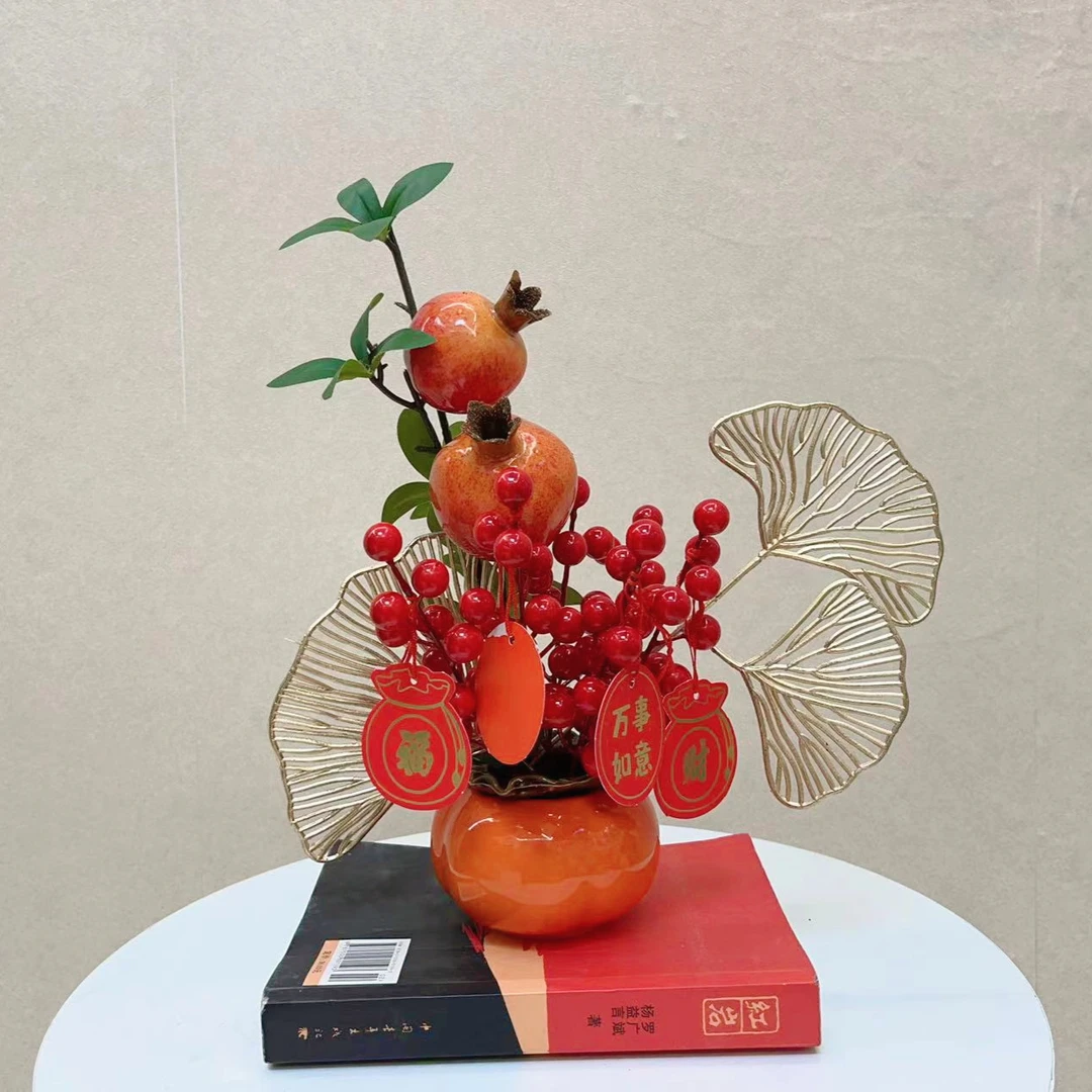 新款仿真红浆果石榴花束摆件全家福新年喜事新房装饰品暖居摆件