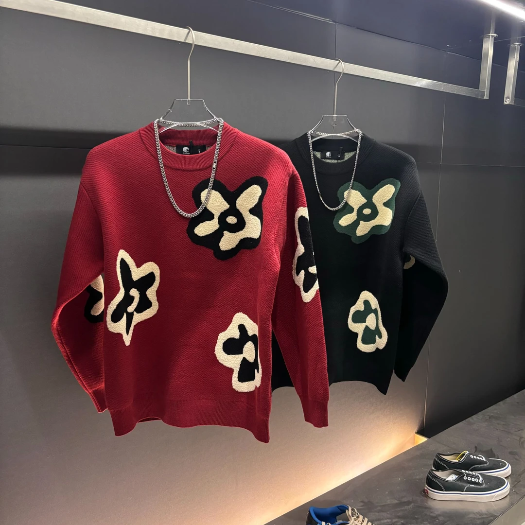 秋冬男士复古圆领花朵印花长袖针织毛衣