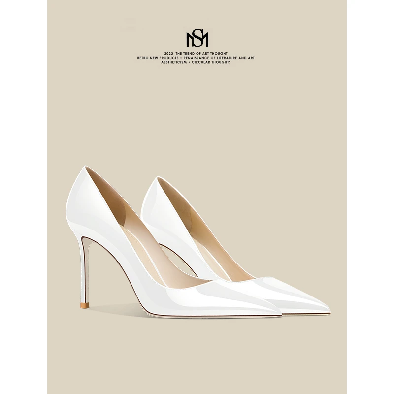 米诗拉【漆皮系列】白色高跟鞋女2024新款配裙子绝美细跟尖头女单鞋