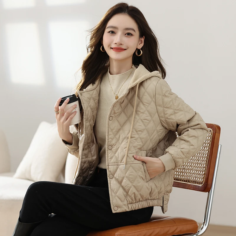 冬季棉服外套女新款连帽菱形格短款棉衣小个子女款轻薄保暖小棉袄