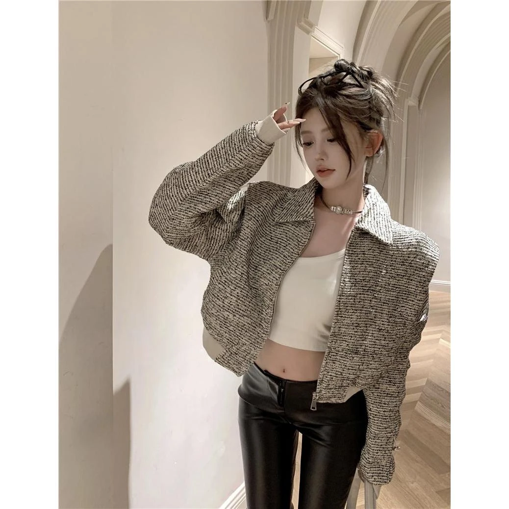 小香风长袖翻领短外套女秋季高级感气质宽松短款夹克开衫拉链上衣