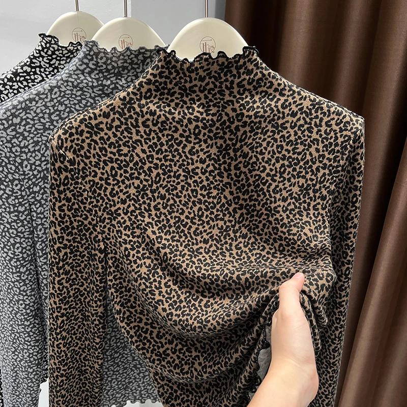 美式半高领豹纹打底衫女款2025新款修身洋气上衣内搭针织长袖T恤