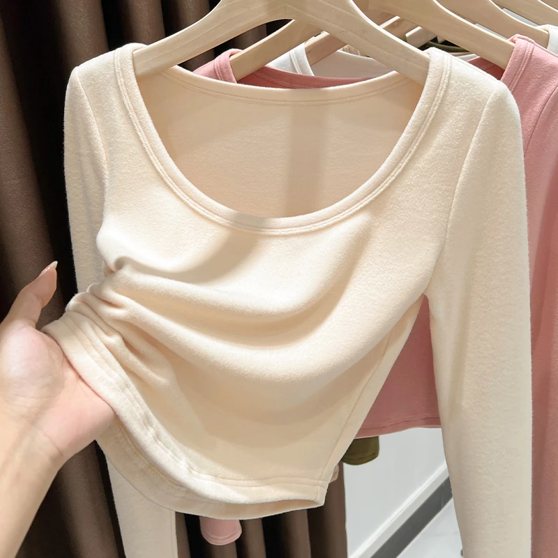 设计感大圆领德绒针织打底衫女2024秋冬新款杏色时尚修身内搭上衣