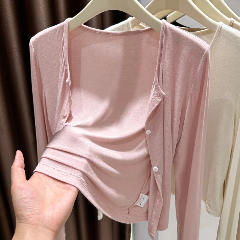 粉色冰丝防晒小开衫女春夏季配裙子外搭薄款披肩罩衫短款修身上衣