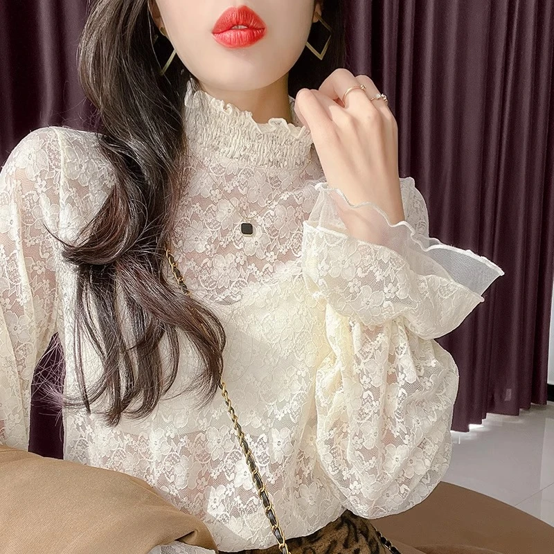 半高领蕾丝长袖打底衫女2025秋季网纱性感透视喇叭袖内搭高档上衣