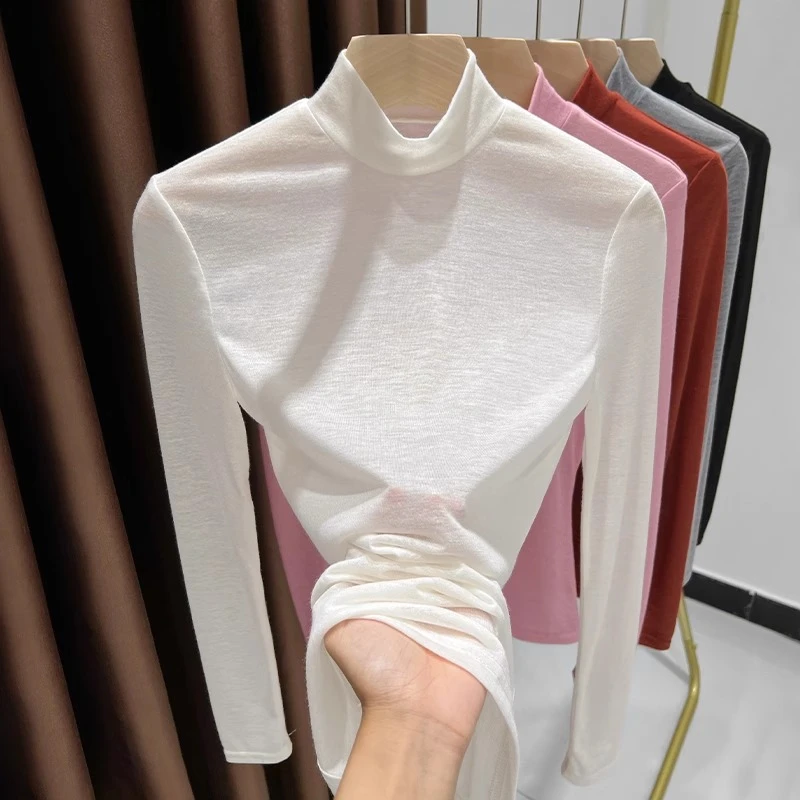 半高领打底衫女秋季超薄内搭面膜t恤长袖时尚感黑色性感修身上衣