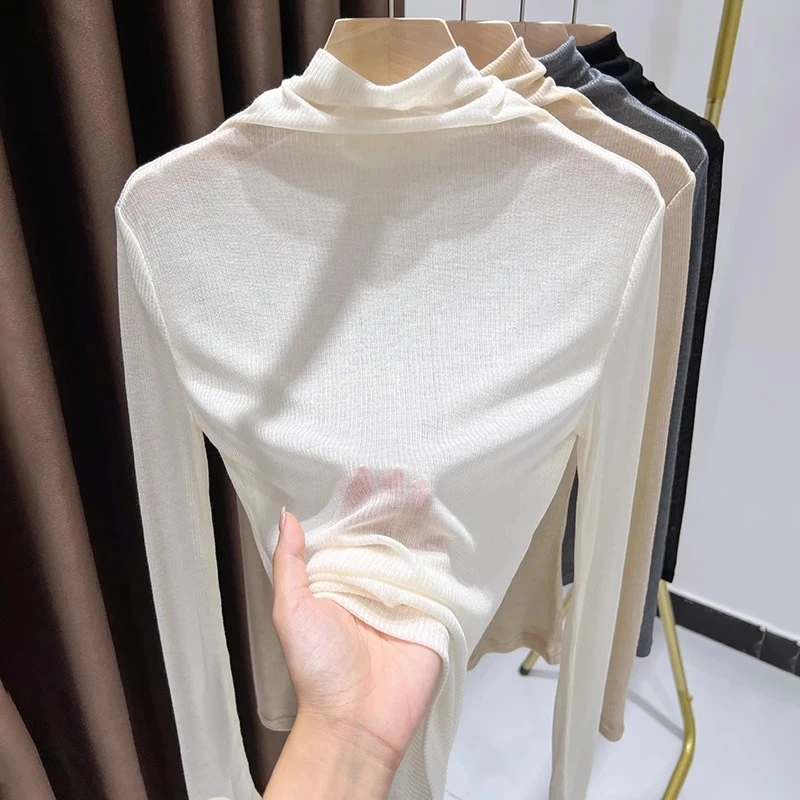 堆堆领打底衫女爆款2025新款秋季超薄细螺纹长袖修身洋气内搭上衣