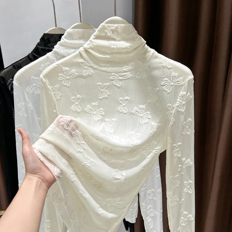 杏色蝴蝶结蕾丝堆堆领打底衫女爆款2024新款秋冬网纱内搭修身上衣