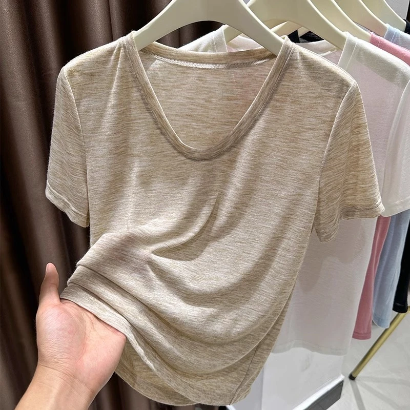 纯色短袖T恤女2025夏季薄款正肩宽松v领打底衫内搭休闲短款上衣