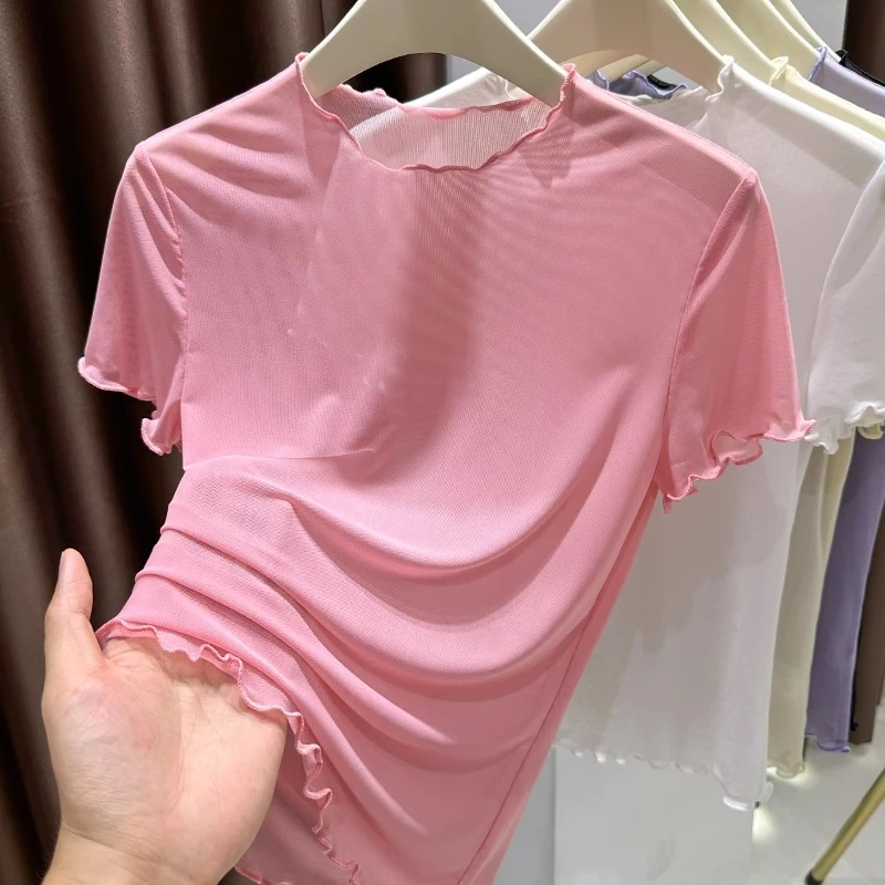 粉色冰丝网纱短袖T恤女夏木耳边圆领上衣内搭薄款蕾丝纱衣打底衫