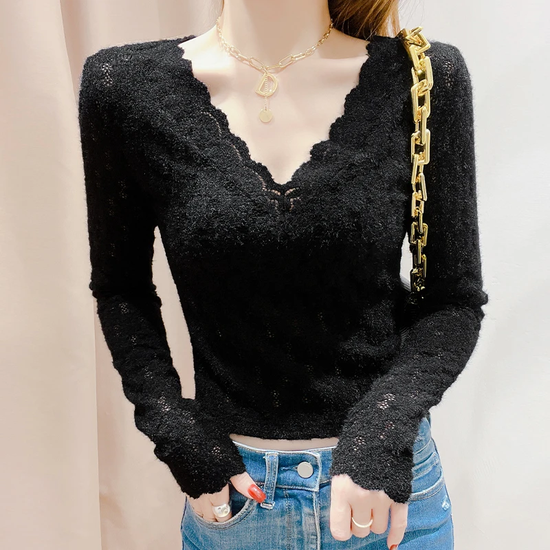 蕾丝v领打底衫女款秋季2025新款内搭加绒加厚修身镂空网纱上衣女