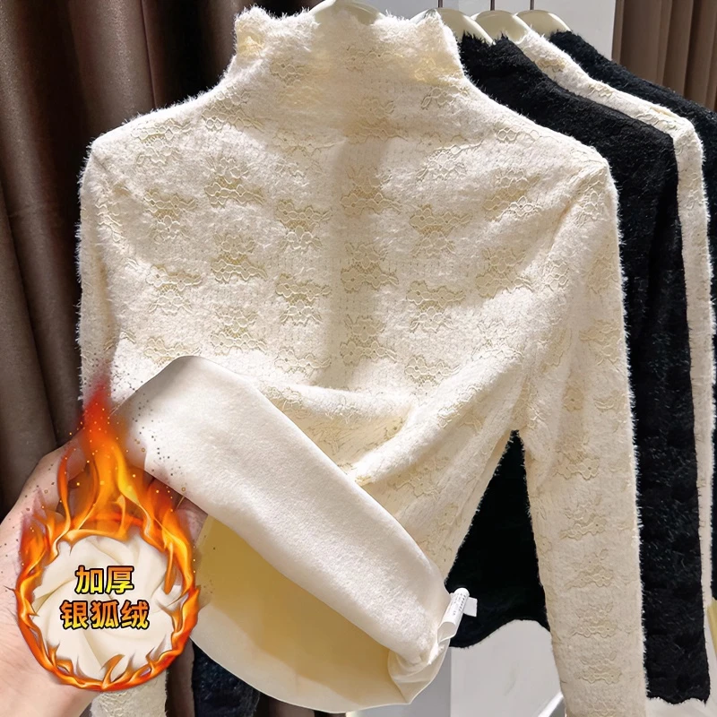 黑色磨毛蕾丝打底衫女爆款2025新款秋冬加绒加厚保暖长袖内搭上衣