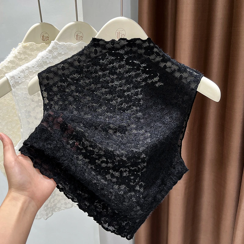 黑色高级感蕾丝半高领假领子女2024秋冬爆款内搭磨毛网纱无袖背心