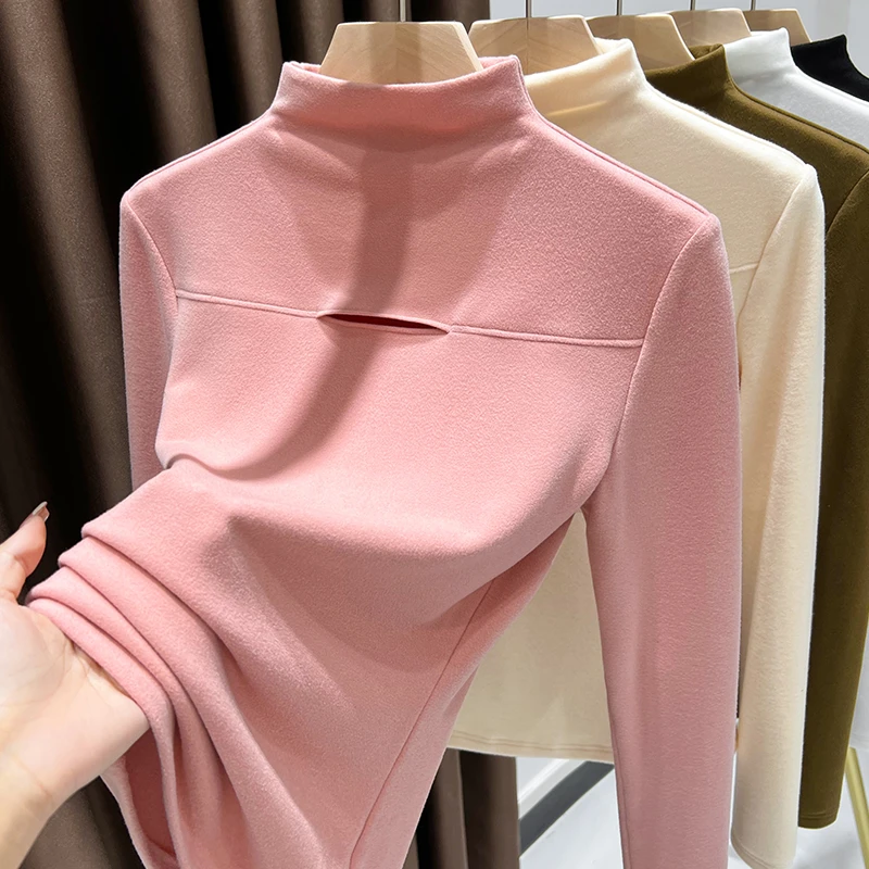 粉色软糯双面磨毛澳绒半高领打底衫女2024秋冬新款气质长袖上衣潮