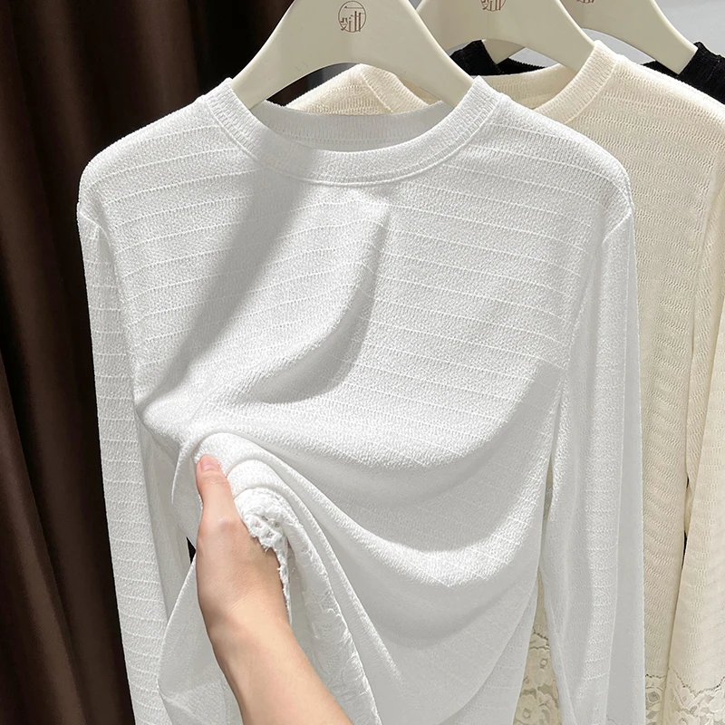 白色蕾丝圆领打底衫女2024秋冬爆款百搭气质小衫拼接磨毛宽松上衣