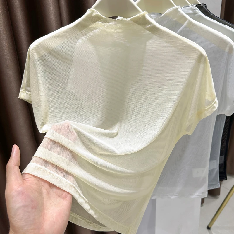 杏色网纱打底衫女爆款2025新款夏季透视木耳边纱衣半高领短袖上衣