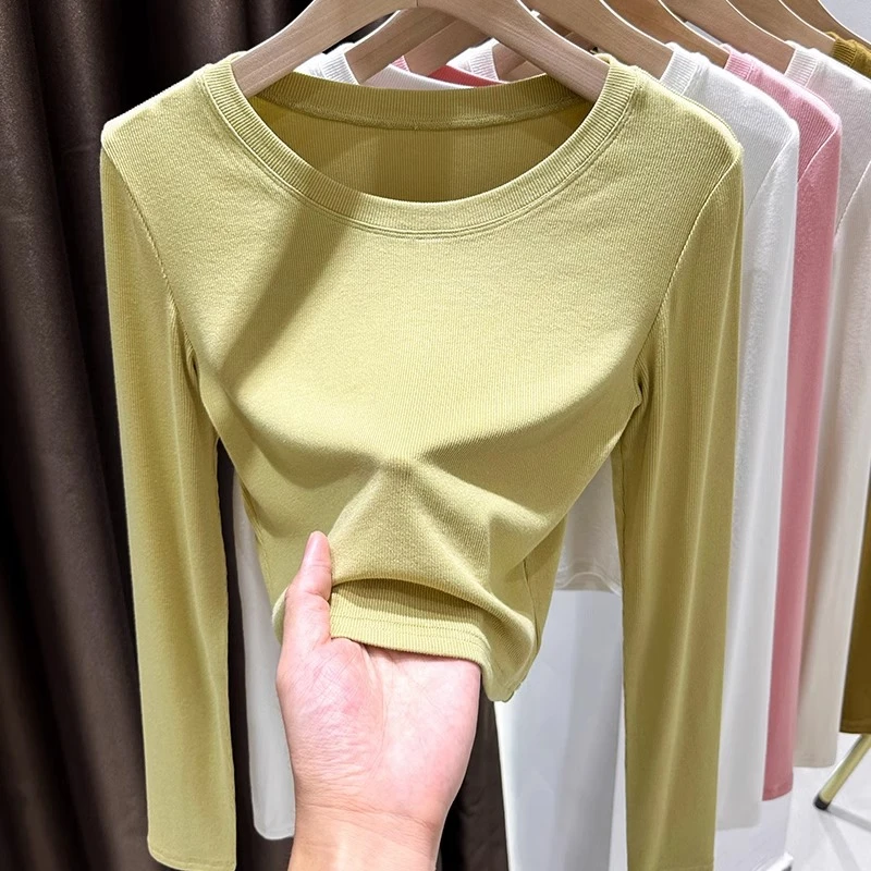 基础款黄色长袖t恤女内搭春秋季短款修身打底衫小个子针织上衣