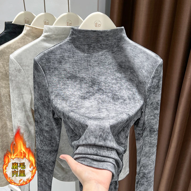 2025秋冬爆款灰色内搭磨毛保暖半高领打底衫女新款扎染收腰上衣
