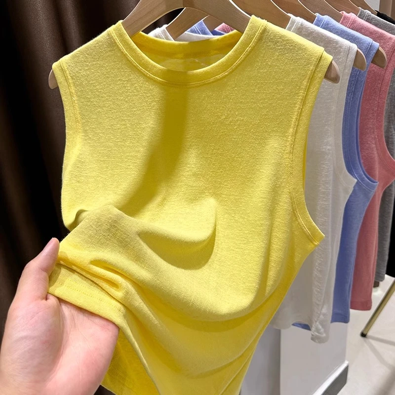 黄色坎肩背心女外穿2025春季薄款无袖圆领T恤百搭打底衫吊带上衣
